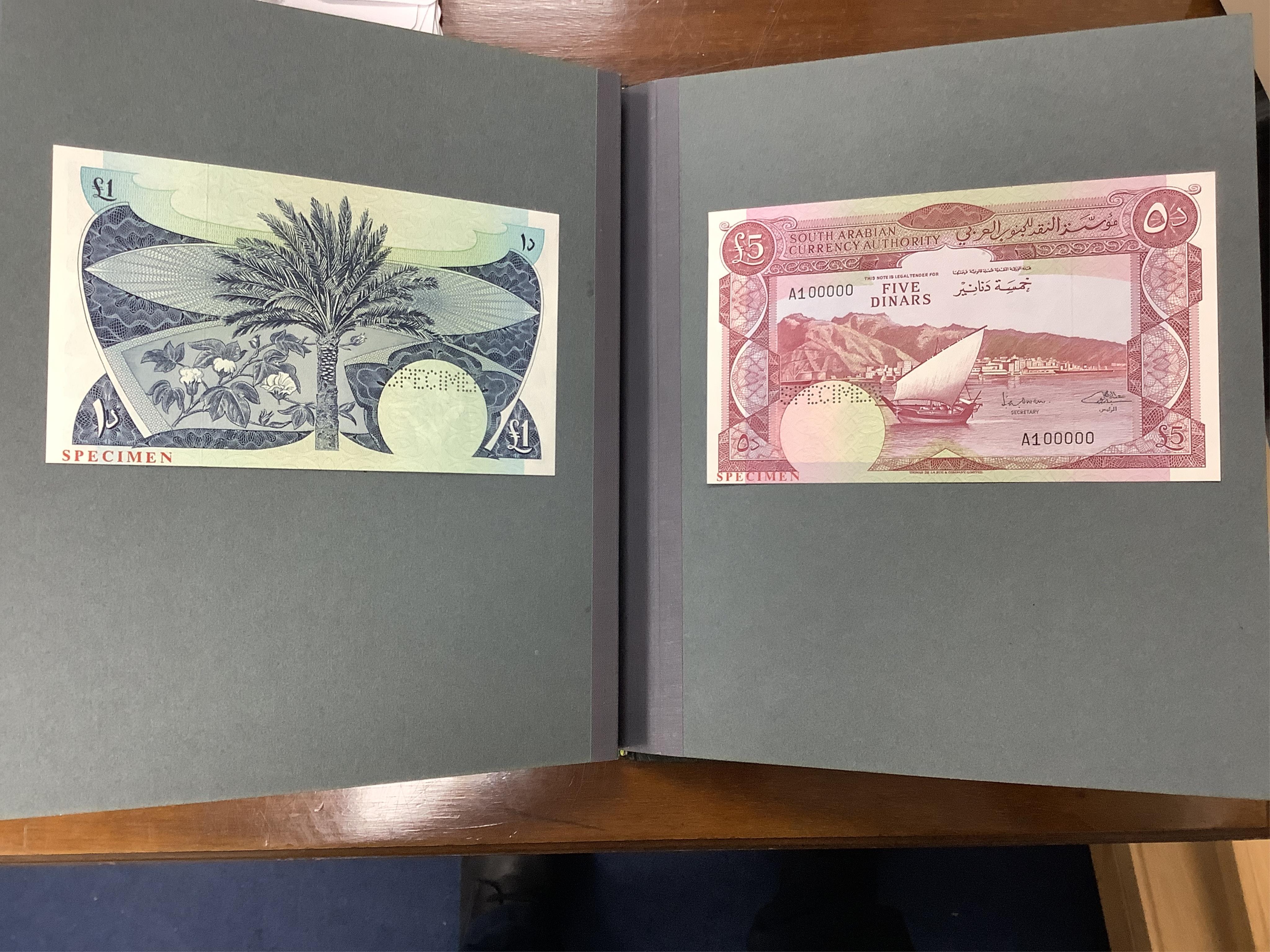 South Arabian Currency Authority specimen banknotes, printed by Thomas De La Rue and Company Ltd, each perforated SPECIMEN, comprising 250 fils, 500 fils, one dinar and five dinars, all with serial number A100000, in an